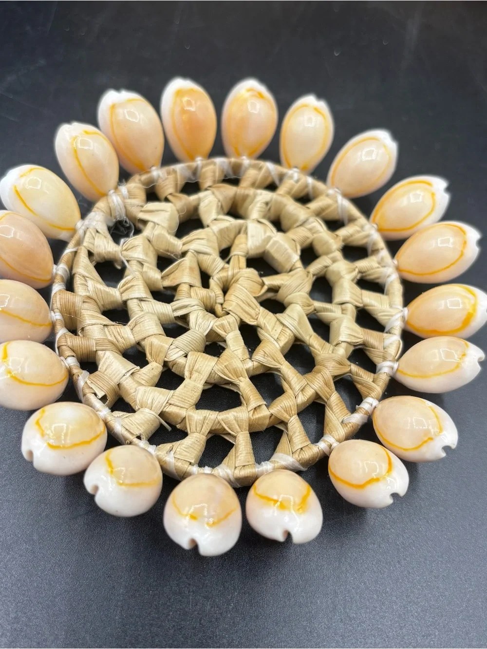 Vintage Coaster Set Hand Woven Straw Palm Basket and Six Cowrie Shell Coasters